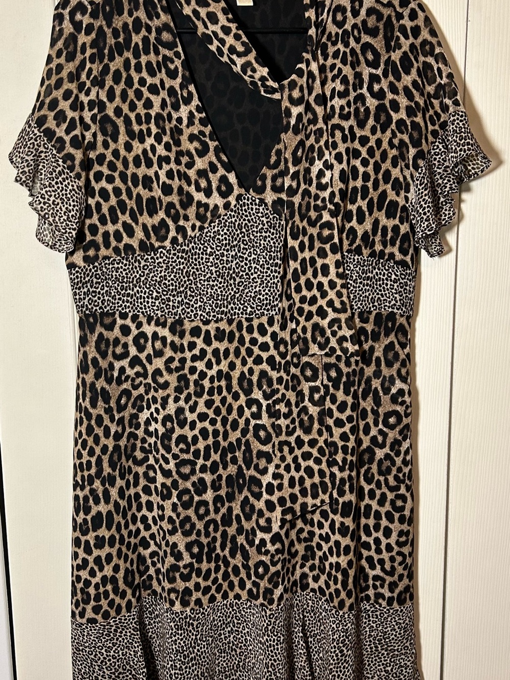 Michael Kors leopard-print georgette tie-neck dress w/ ruffled short sleeves.